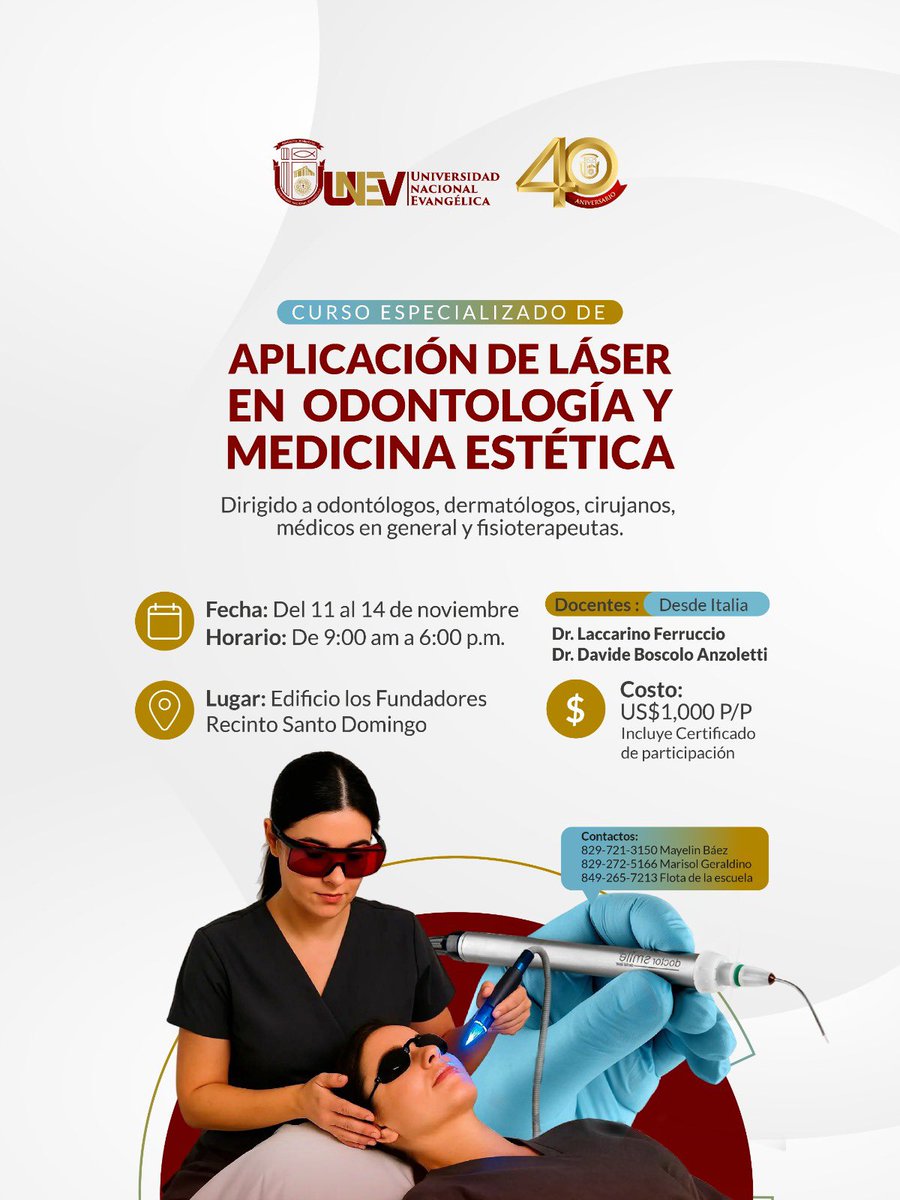 UniversidadUNEV's tweet photo. La #UNEV, a través de Educación Continua, presenta el Curso Especializado sobre Uso de Láser en Medicina Regenerativa.
🇮🇹 Participación internacional desde Italia
📚 4 días | 32 horas💰 US$1,000
📍 UNEV, Santo Domingo
📲 809-221-6786 ext. 3003 | 829-471-0265
#UNEV40Años https://t.co/9rcdsm58HZ