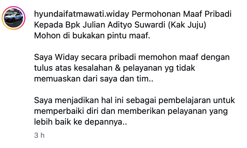 insidefolkative's tweet photo. Widay menyampaikan permohonan maaf secara pribadi kepada Julian Adityo Suwardi atau yang akrab disapa Aa Juju. Permintaan maaf tersebut disampaikan melalui unggahan di media sosial.

Dalam pernyataannya, Widay mengaku menyesal atas kesalahan dan pelayanan dari dirinya maupun tim yang dinilai belum memuaskan.

“Saya Widay secara pribadi memohon maaf dengan tulus atas kesalahan & pelayanan yg tidak memuaskan dari saya dan tim,” tulisnya.