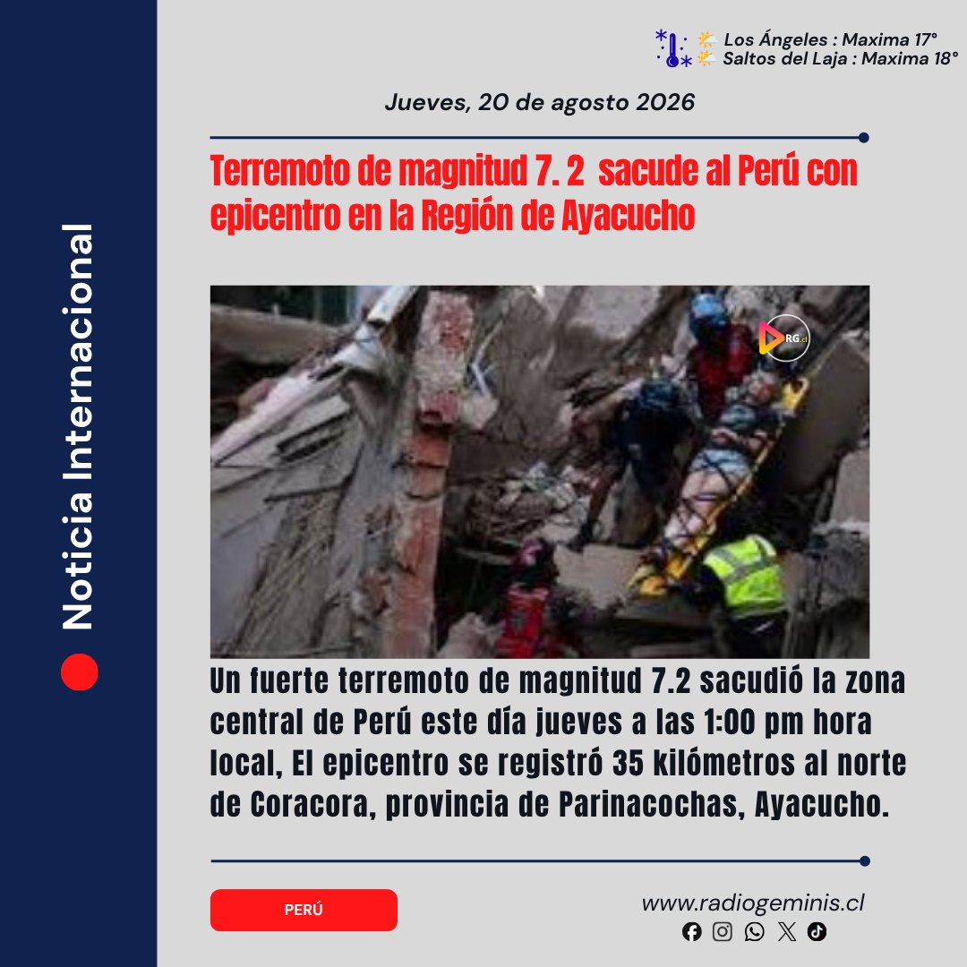 PezoaAncy's tweet photo. https://t.co/sHnlG8jOr9
•[Desde Los Ángeles • Saltos del Laja, Región del Bio Bio chile 🇨🇱]•
🌐 Noticia Internacional 
•📌 Terremoto de magnitud 7.2 sacude al Perú con epicentro en la Región de Ayacucho... https://t.co/nzpXYOIH5y