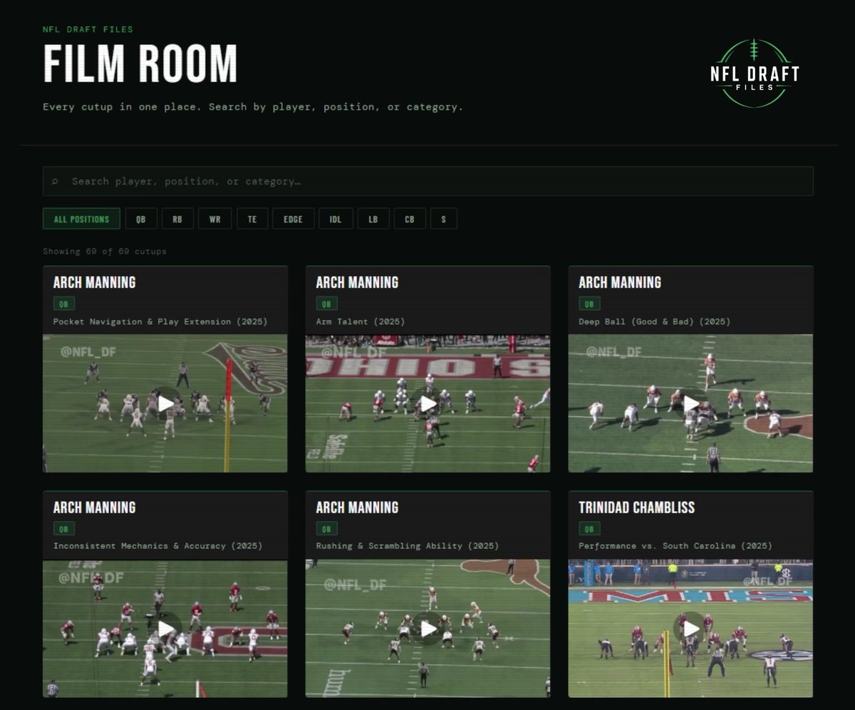 NFL_DF's tweet photo. The Film Room is now live at the NFL Draft Files website 🚨 

A searchable database of every cutup I’ve posted (and haven’t posted 👀) for 2027 NFL Draft prospects that will be updated constantly during the season: https://t.co/8dJ44l6v4r