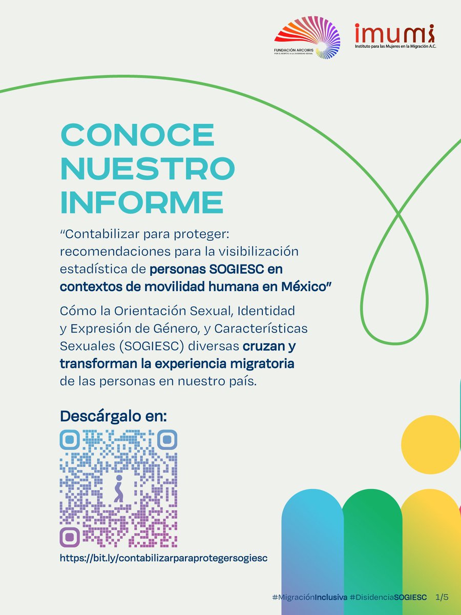 IMUMIDF's tweet photo. #MigraciónInclusiva #SOGIESC #ContabilizarParaProteger
📣 ¿Cómo la diversidad transforma la migración en México? Conoce el informe "Contabilizar para proteger..". Analizamos riesgos, redes de apoyo y damos una guía ética para visibilizar sin vulnerar.
⬇️Descárgalo: https://t.co/o9XdmkogMX