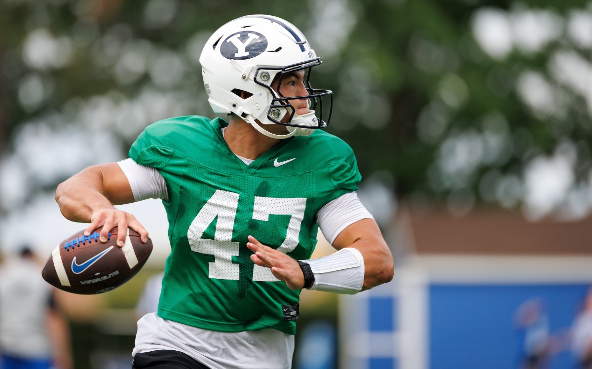 CougSportsMedia's tweet photo. BYU studio host and PxP Matt Baiamonte joined @espnthefan to give his biggest takeaways from watching BYU fall camp:

Q: What do you see, what do you like, and what are you hearing on the BYU Cougar football front?

Matt: What I like the most, and what has become blatantly obvious to me, is that their starting quarterback, sophomore Bear Bachmeier, has taken a step forward. 

We saw some reps from him today at the media observation period, and I thought his ability to command the football was great. We saw a variety of different types of throws from him—touch passes, screen passes, out routes that needed to be on a dart, needed to be on a frozen rope. I think we saw it all.

He just looks so much more comfortable than he did last year. He looks to be in complete command of the offense. Aaron Roderick said as much today to the media. He spoke glowingly about Bear Bachmeier, and everything he said is what I've seen in person. He looks a little leaner; he just looks great. I won't sugarcoat it, Ben, I'm expecting big things from him this year. If he has the type of year that I think he can have, and a lot of others think he can have, we could very well be looking at one of the most special seasons in BYU football.

Full details: https://t.co/7T9jtcrXut

📸: @BYUFOOTBALL @BYUphoto