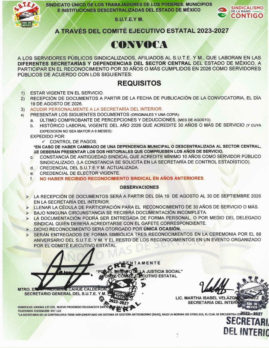 Herminio_CahueC's tweet photo. Compañeros #Suteymistas del sector central, les comparto la convocatoria alusiva a la entrega de reconocimientos por 30 años o más de servicio. Distinción que se otorga una sola vez. Si no la has tramitado y cumples con los requisitos marcados, te invitamos a leer a detalle y participar.
Consulta la convocatoria y descarga tu solicitud en:
https://t.co/REB36NVi1x
#SindicalismoDeLaManoContigo