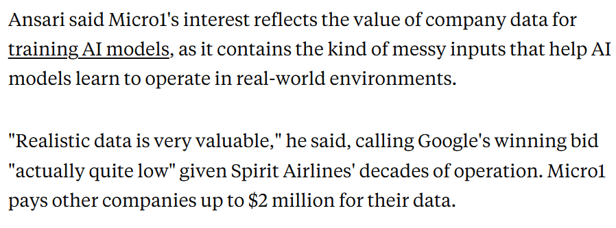 CharlesRollet1's tweet photo. BREAKING: @micro1_ai just launched a rival offer for Spirit Airlines' data. 

micro1 is offering $12.5 million - that's $2.5 million higher than Google's successful bid from Monday.

Real-world data is more valuable than ever for training AI agents, micro1 CEO @aliansarinik says. https://t.co/1ooUh9C4bd