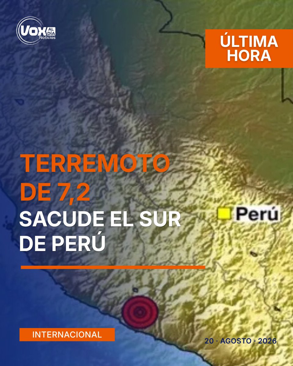 Voxaldia's tweet photo. ÚLTIMA HORA | TERREMOTO DE 7,2 SACUDE PERÚ
El epicentro fue ubicado a 35 km al norte de Coracora, a 108 km de profundidad. El movimiento se sintió en varias regiones. 

Hasta ahora no se reportan víctimas, daños graves, ni amenaza de tsunami.

#VOXAlDía #Perú #Sismo https://t.co/rsJgDnV5Zl