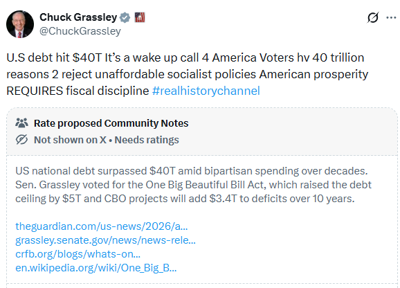 4HumanUnity's tweet photo. .@ChuckGrassley Senator, you’ve been in Congress since 1975 and in the Senate since 1981, when the national debt was about $533 billion. It is now over $40 trillion.

Before Reagan, the top individual tax rate was 70% and the top corporate rate was 46%.

Today, thanks to Republicans, profitable large corporations pay an average effective rate of only 9% after Trump’s corporate tax cut.

Billionaires live off stock, capital gains, and loans against their assets, while giant corporations hire accountants to make taxable income disappear.

Meanwhile, the federal minimum wage has been stuck at $7.25 since 2009. Working people pay taxes straight out of every paycheck.

You voted for the Iraq War. You backed decades of tax cuts tilted toward corporations and the wealthy. You helped build the debt, then point to it as an excuse to attack healthcare, retirement, housing, childcare, and every other program that helps ordinary Americans.

Clinton left office with an actual surplus. Every Republican president since Reagan has increased the deficit, largely through tax cuts for the wealthy and unfunded wars.

Obama's debt came mostly from responding to the 2008 financial crisis, one that began under Bush's watch and two unfunded wars.

Biden's came mostly from continuing the same COVID emergency response from Trump with the U.S. economy in free fall in January 2021 when he took office and global inflation.

Trump alone has personally added $11.6 trillion across one and half term, more than any president in history.

The debt did not come from working people wanting too much. It came from Washington cutting revenue for the powerful, financing wars on credit, and refusing to make the beneficiaries pay their share. Don’t blame “socialism” for a debt crisis you helped create.

If it wasn't for Republicans our nation would've been debt free.