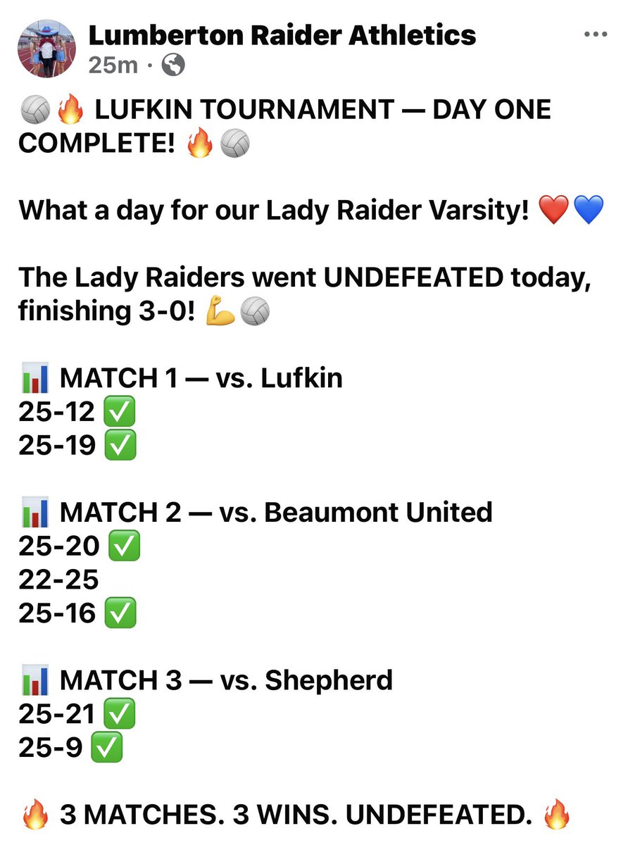 PeytonKVBALL's tweet photo. Great day to be a Lady Raider! Undefeated in Lugkin on day one! Let’s go!!! #libero #volleyball #collegerecruiting #defensivespecialist #volleyballrecruiting #uncommitted #classof2028 https://t.co/E8HMJodF9I