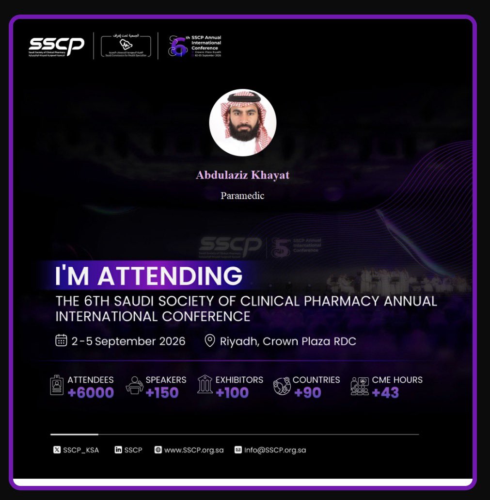 AcutePower's tweet photo. Join me at #SSCP26! I'll be attending the 6th Annual International Conference of Saudi Society of Clinical Pharmacy from September 2-5. Looking forward to networking and learning from industry leaders. Let's connect! #ClinicalPharmacy #NetworkingOpportunity
Register now: https://t.co/7SPOLApNRy