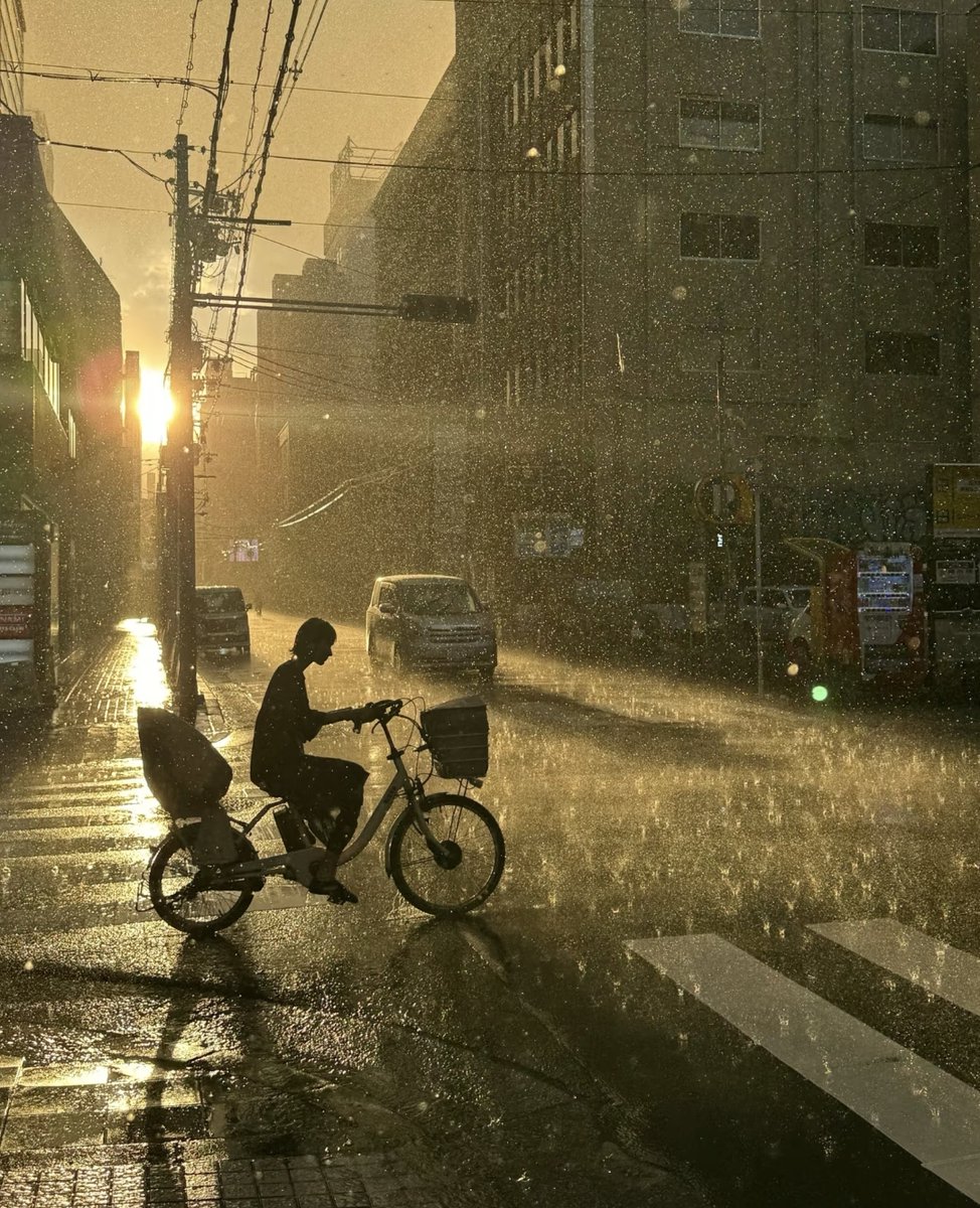 dozoni's tweet photo. Golden hour glow on rainy city streets—random puddle reflection, hood up, just another quiet magic moment. https://t.co/D7byzFVDrM