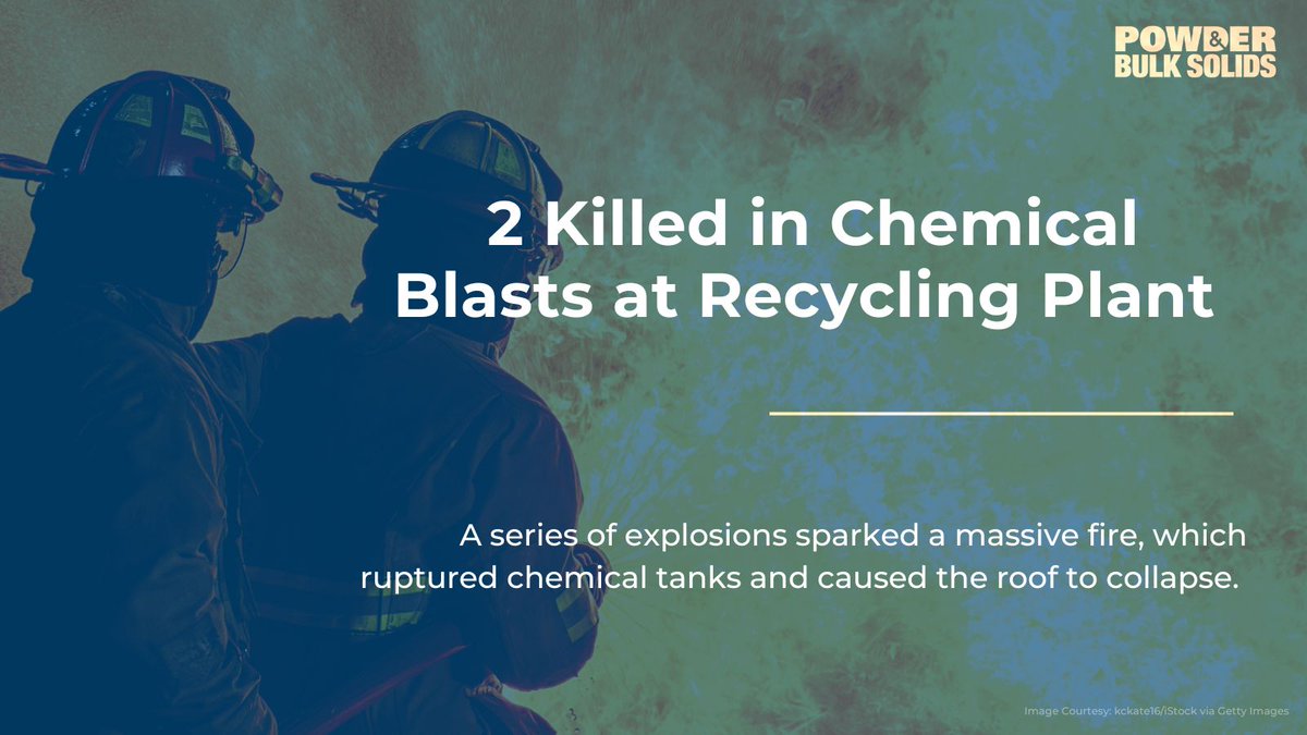 PowderBulkSolid's tweet photo. Fatal chemical explosions at recycling facility: A series of explosions at an Ohio recycling plant has claimed two lives and injured multiple workers. 

Firefighters reported tanks "full of chemicals that will ignite and explode violently" before the blast destroyed the facility's roof and walls.

This marks the second fatal incident for the company. A 2015 explosion at its Alabama location resulted in one death and $27,000 in OSHA fines for safety violations.

Learn more:  https://t.co/W9Wvh9MOTC