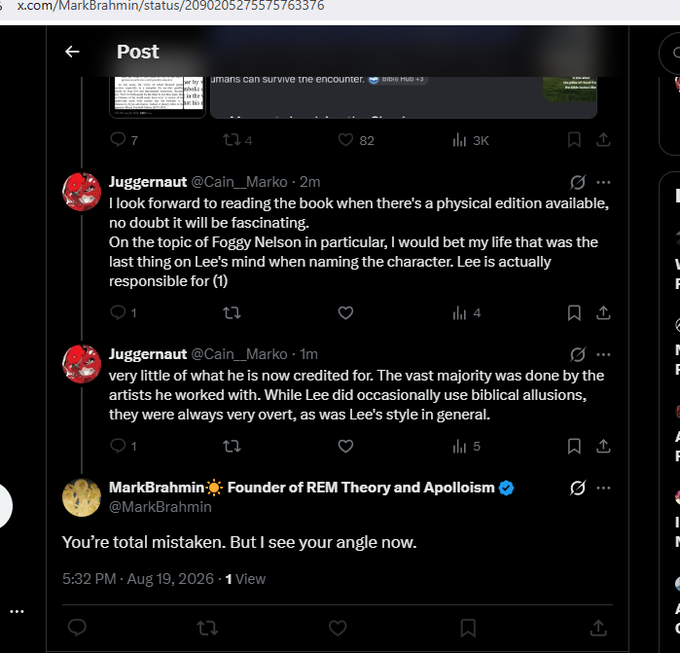 Cain__Marko's tweet photo. @Aarvoll_ i was genuinely interested in reading what they'd put together, but it seems Mark is utrasensitive to anyone questioning any of his ideas.
I was instantly blocked and accused of running an angle because, as someone who knows comic well, disagreed with his Foggy Nelson theory https://t.co/9fJ2h5H41W