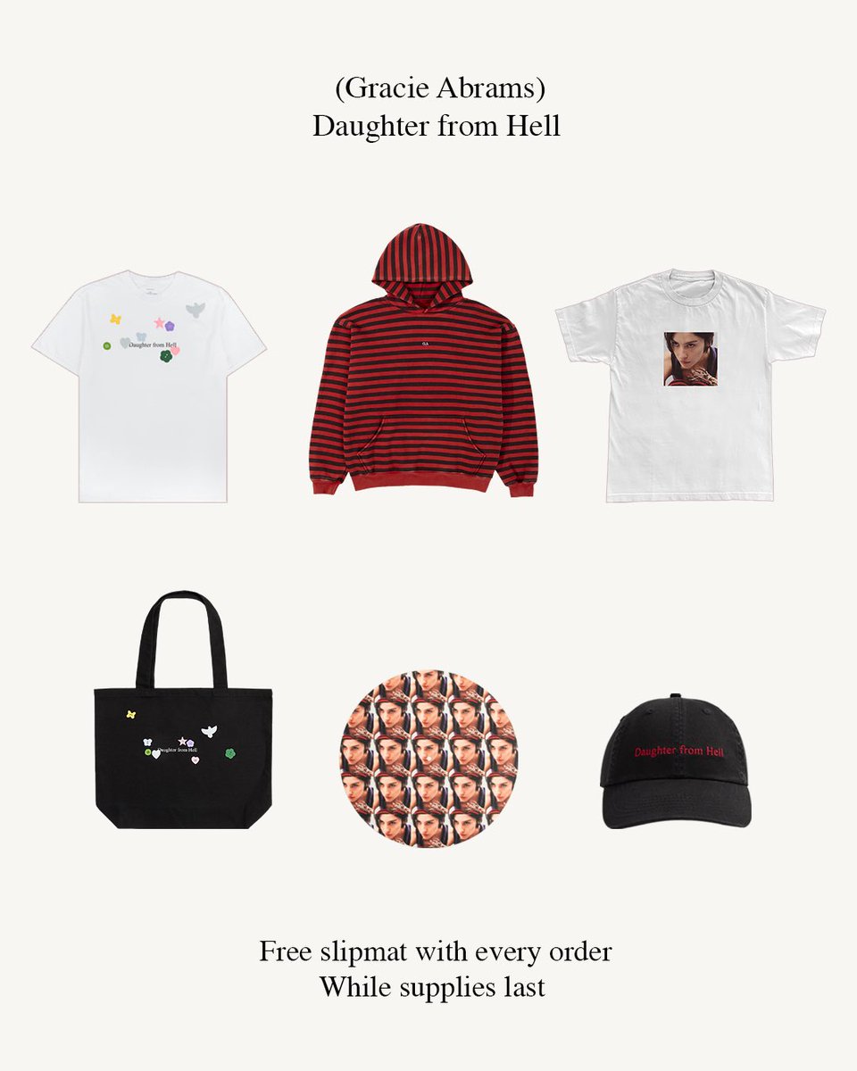 gracieshq's tweet photo. Surprise 👹 Shop the exclusive merch items from the Daughter from Hell popups and gift shops now on Gracie’s store and receive a free slipmat with every order while supplies last! https://t.co/7rtuDeE4xt https://t.co/nD2QJeqelF