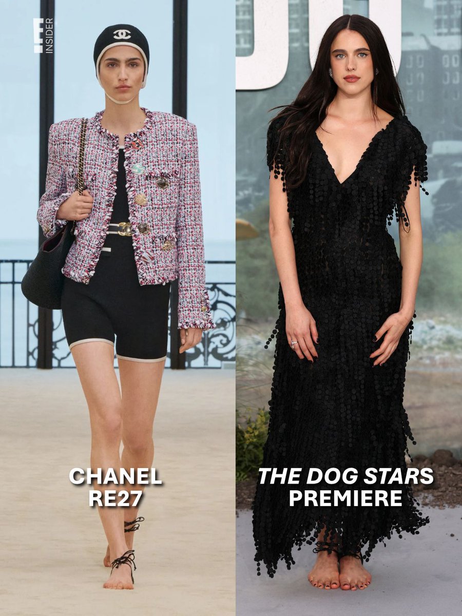 einsider's tweet photo. If you were wondering how to style Chanel's viral barefoot heel cap, Margaret Qualley just showed us at the "The Dog Stars" premiere. 🤩(📷: Getty, Chanel) https://t.co/3YASXjKlao