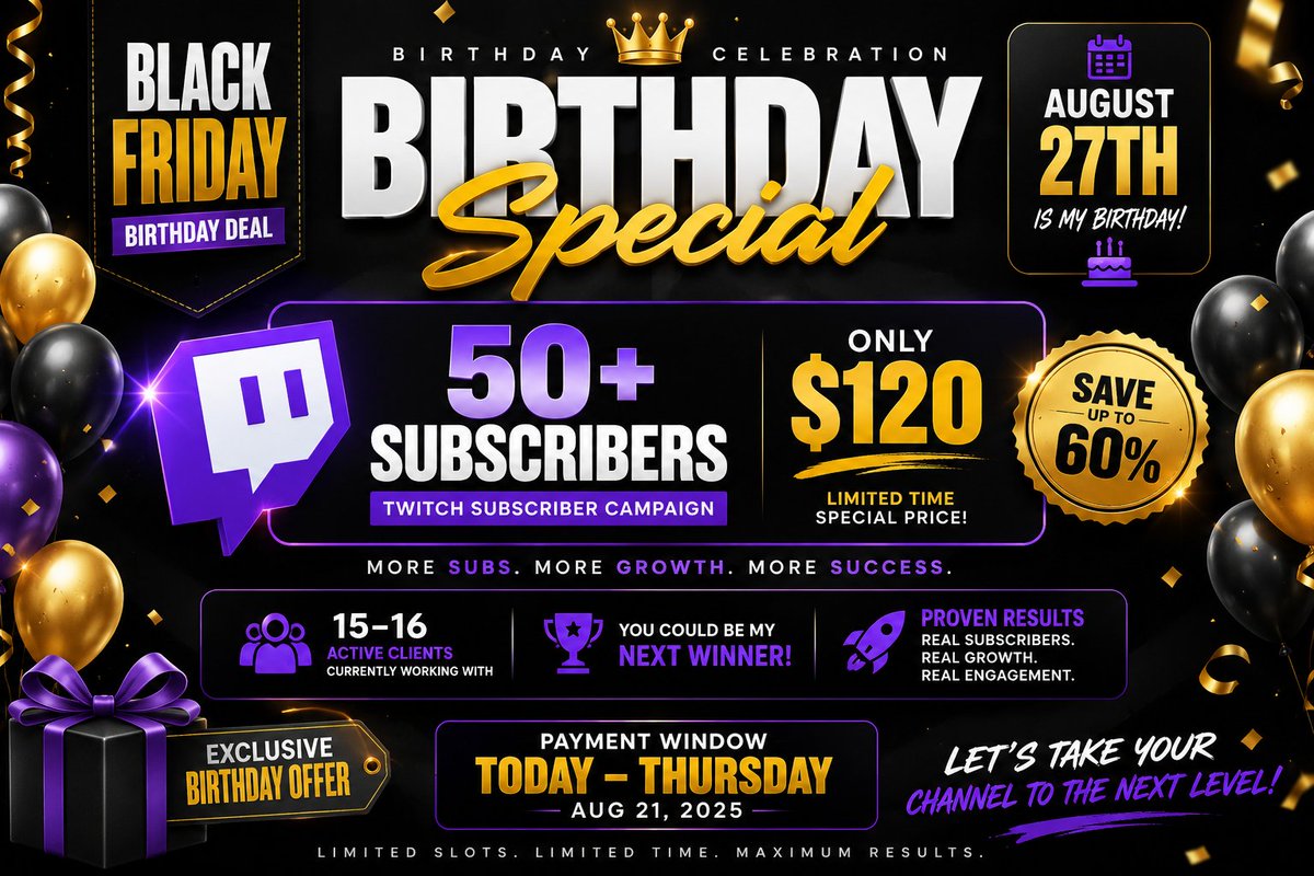 Emmanuel_ttv's tweet photo. I'm opening a limited birthday appreciation offer,Instead of my regular $300 package, I'm offering my 50 subscriber campaign for just $120. This offer is available till Thursday, August 27 @twitchstreamer @twitch @smallstreamers @twitchaffiliate @streamers https://t.co/bIUneEW30p