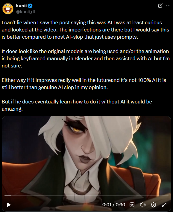 NefariousNova05's tweet photo. AI "assisted" or fully generated regardless I don't care, I don't care if it's the most visually impressive piece of animation I've ever laid eyes upon AI is not an assistance to the process it is a subversion of it.

Product before process is the death of an art form. https://t.co/RZKfVtIFgm