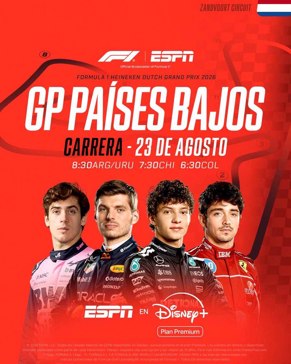 F1Tornello's tweet photo. #F1 Aquí están los horarios de nuestras narraciones para el GP de Países Bajos #DisneyPlus Plan Premium #ESPN https://t.co/8kSKxJIvLb