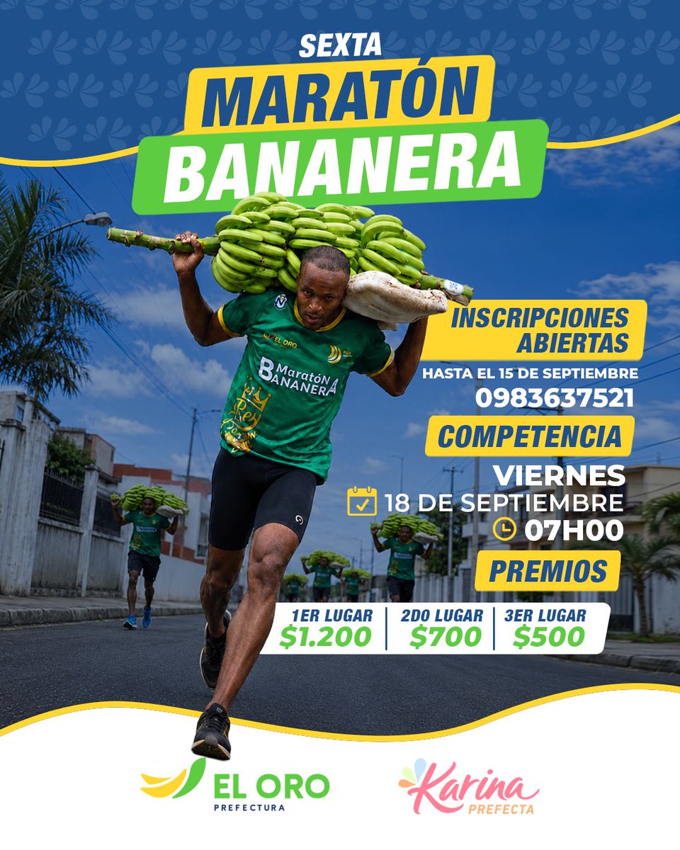 PrefecturaElOro's tweet photo. 🙋‍♂️ Este 18 de septiembre nuestros competidores se echarán el racimo al hombro para la tradicional #MaratónBananera, una competencia donde solo los más fuertes llegarán a la meta y seguido disfrutaremos de varios concursos relacionados con la actividad bananera. 👨‍👩‍👧‍👦🍌 https://t.co/uPqUcJ6Ihk