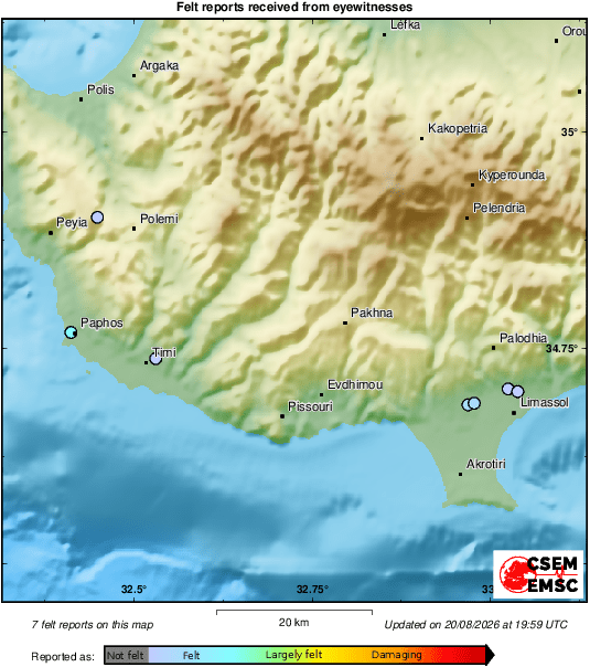 LastQuake's tweet photo. Eyewitnesses reported shaking in #Cyprus 8 min ago (local time 22:52:40)⚠
At present, we have no seismic data confirming this crowdsourced detection.❗
 More info soon! https://t.co/HhLDJQnD9M