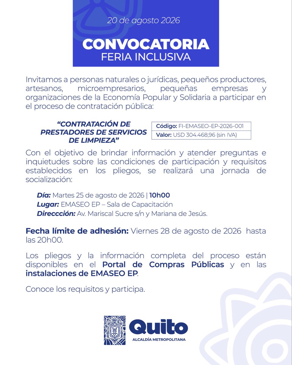 EmAseoQuito's tweet photo. 💙 #JuntosLimpiamosQuito | ¡Abrimos nuestra Feria Inclusiva!

Invitamos a pequeños productores, artesanos, microempresarios y organizaciones de la Economía Popular y Solidaria a conocer los requisitos y participar en el proceso de contratación de prestadores de servicios de limpieza.

📅 Socialización: martes 25 de agosto | 10h00
📍 EMASEO EP – Sala de Capacitación

Conoce todos los detalles en https://t.co/IMDJVnMcsf