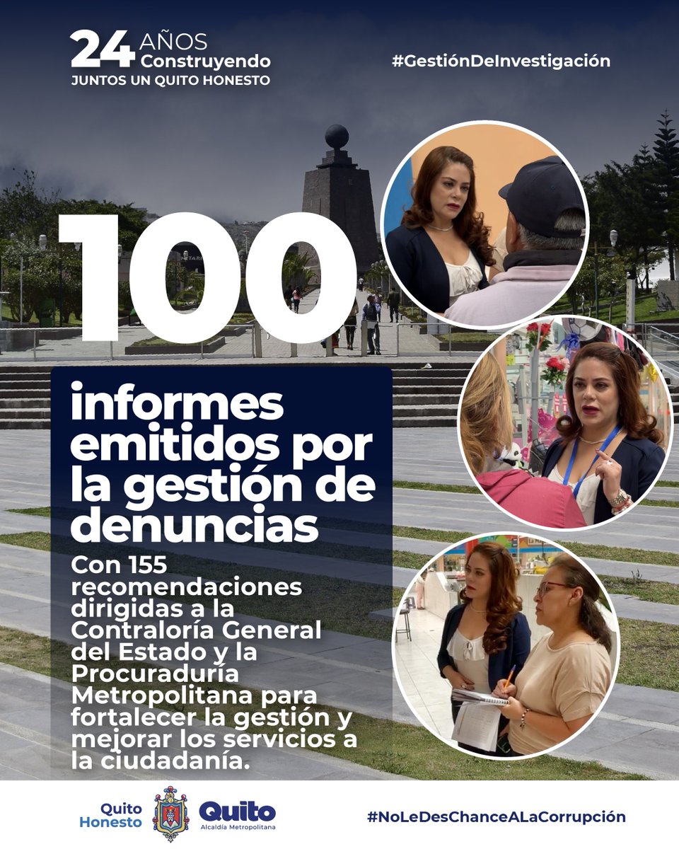 quitohonesto's tweet photo. 24 años construyendo juntos un Quito Honesto.
Durante más de dos décadas, en Quito Honesto hemos trabajado para fortalecer la integridad, la prevención y el control en la gestión municipal, siempre con un objetivo claro: servir a la ciudadanía. 
En este carrusel conocerás algunos resultados del último año de gestión (julio de 2025 a julio de 2026) que reflejan nuestro compromiso:
Denuncias calificadas y gestionadas.
Acompañamiento a procesos de contratación.
Informes con recomendaciones para fortalecer la gestión municipal.
Cada acción representa un paso más hacia una administración transparente, íntegra y cercana a la gente.
Desliza y conoce cómo hemos trabajado al servicio de la ciudadanía.