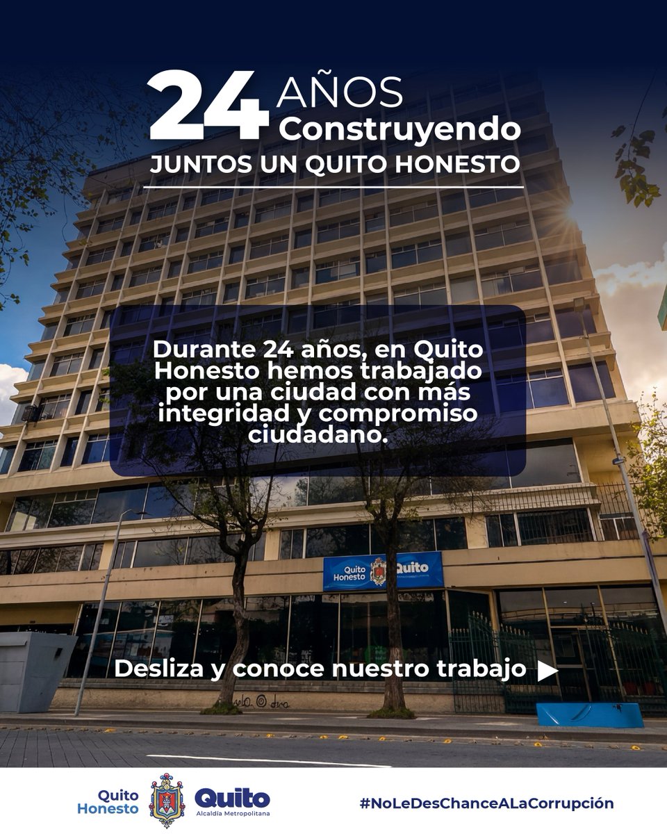 quitohonesto's tweet photo. 24 años construyendo juntos un Quito Honesto.
Durante más de dos décadas, en Quito Honesto hemos trabajado para fortalecer la integridad, la prevención y el control en la gestión municipal, siempre con un objetivo claro: servir a la ciudadanía. 
En este carrusel conocerás algunos resultados del último año de gestión (julio de 2025 a julio de 2026) que reflejan nuestro compromiso:
Denuncias calificadas y gestionadas.
Acompañamiento a procesos de contratación.
Informes con recomendaciones para fortalecer la gestión municipal.
Cada acción representa un paso más hacia una administración transparente, íntegra y cercana a la gente.
Desliza y conoce cómo hemos trabajado al servicio de la ciudadanía.