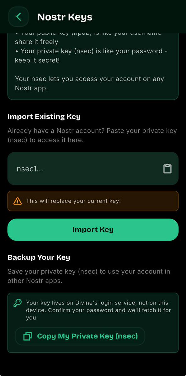 pumpvinelaunch's tweet photo. quick tip for vine creators trying to claim their rewards:

the easiest way to export your key is the diVine mobile app — profile → settings → "Back up nsec". copy the nsec1… it gives you. that key IS your account, so save it somewhere safe and never share it.

then go to https://t.co/Y1N5ztu6iS and finish the flow: paste it, sign in locally, see every coin on your vines, and withdraw your earned SOL to whatever wallet you want 🌿
