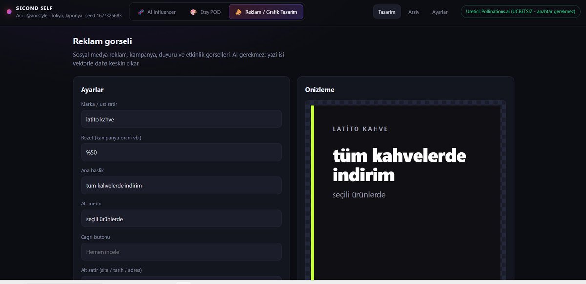efekorayyy's tweet photo. İçerik üreticileri için youtube,insta ve tiktok için otomasyon kurmuştum. Sonrasında bunu biraz ilerletip AI influencer otomasyonu kurmuştum hatırlarsanız.

Buna ek olarak o otomasyonun içine 2 panel daha ekledim. Meraklısı olan varsa öncelikle ETSY için bir panel ekledim. En çok satan tasarımları buluyor , o tasarımları ufak değişikliklerle size oluşturuyor ve PNG formatta veriyor. ETSY yapmak isteyenler için özellikle güzel bir otomasyon oldu.

Hem analiz yapıyor, hem trendleri buluyor hem de üretim yapıyor. Gidip sağa solda biz size ürün bulan tool veriyoruz diyenler para kıyılmayın bedavaya ekledim. Hemde açık kaynak. İstediğiniz gibi kurcalayın alın değiştirin. All yours baby

Mekanlara görsel ve video üreten ufakta olsa harçlık çıkartan arkadaşlar. Artık capcut ve canvaya para bayılmayın. İçine grafik tasarım yapabileceğiniz bir panel daha ekledim. Şimdilik basit düzeyde görseller hazırlayabiliyorsunuz. Menüdür içecektir vs hepsini size yapıyor. O da açık kaynak ve ücretsiz (=
Repoyu yoruma bıraktım.
Yıldızlamayı unutmayın, teşekkürler.

ai influencer için instagram kanadında vidiq kullanmanız gerekli öncelikle onu belirteyim.

https://t.co/Di3qNpf5si adresinden 1$ alabilirsiniz.