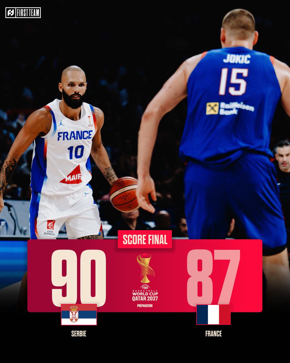 FirstTeam101's tweet photo. L'Équipe de France s'incline face à la Serbie pour ce 1er match de préparation en vue des qualifications à la Coupe du Monde 2027 ❌

Un match serré dans lequel les Bleus ont dû faire face à un gros duo Jokic (20 PTS - 8 AST) - Milutinov (15 PTS) tout en payant fort leurs nombreuses pertes de balles en seconde mi-temps.

🇫🇷 Amine Noua termine meilleur scoreur côté français avec 14 PTS, suivi par Sylvain Francisco (13 PTS) et Victor Wembanyama (10 PTS)

📺 Revanche ce dimanche à 18h à Orléans, à retrouver sur La Chaîne L'Équipe !
🏆 #FIBAWC #StepItUp