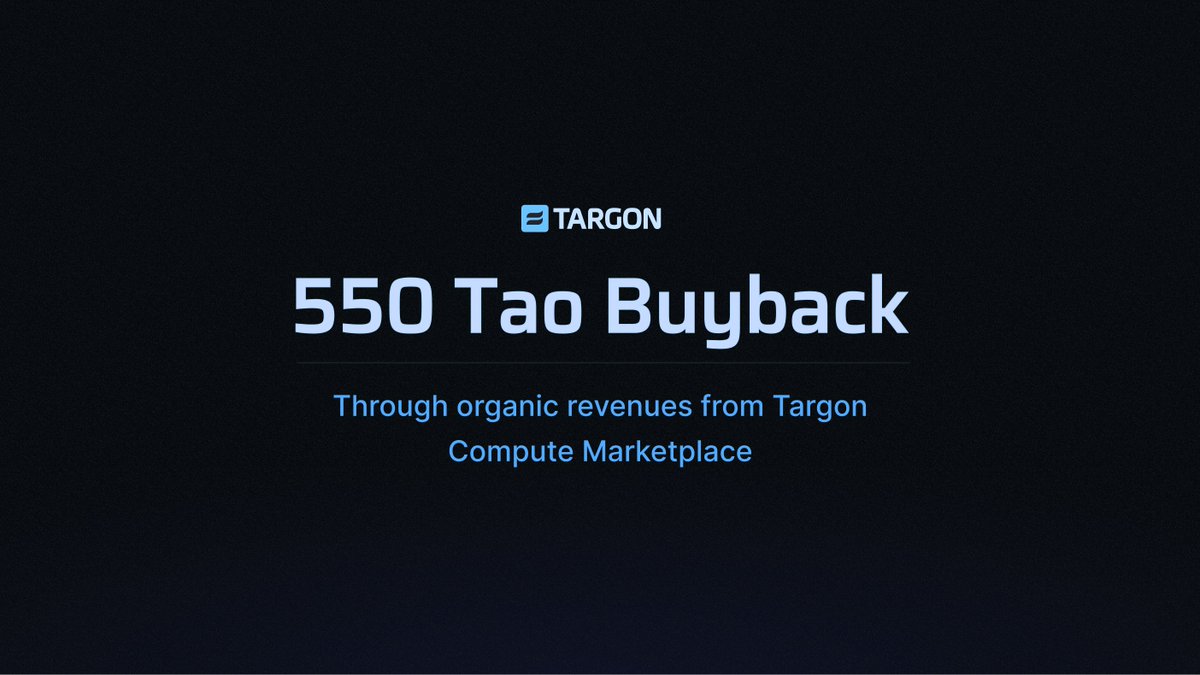 TargonCompute's tweet photo. Over the past month, we have repurchased over 550 TAO (equivalent to $115,000+) of SN4 alpha using organic revenues from the Targon Confidential Compute platform.  

Our commitment to building a sustainable flywheel will continue with the growth of our permissionless compute market ☁️
