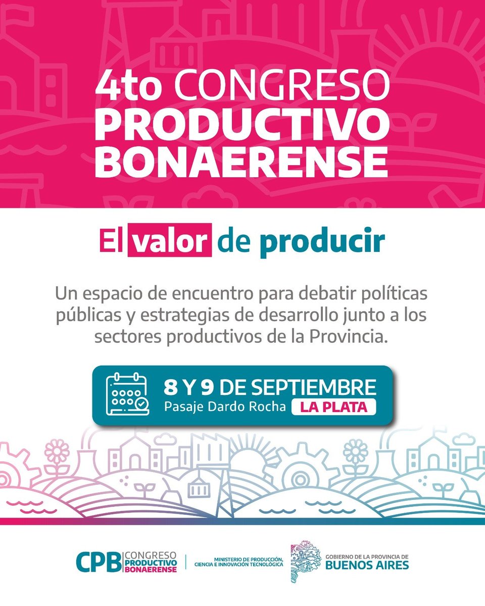 cgera_moron's tweet photo. 🔵 Se viene el 4° Congreso Productivo Bonaerense, bajo el lema “El valor de producir”, que tendrá lugar los días 8 y 9 de septiembre en el Pasaje Dardo Rocha, La Plata, contará con la participación del gobernador Axel Kicillof.

Inscripción https://t.co/y3m7N9KJTY

#CgeraMoron https://t.co/wu6Fj28H9h