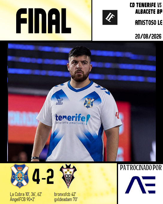 TenerifeLE's tweet photo. 𝔽𝕀ℕ𝔸𝕃
CD TENERIFE 4-2 @AlbaceteBalLE 
HAT-TRICK DE @lautarodeIcampo 

#TanNuestro #APorLaSegunda https://t.co/8pFU5IbqP9
