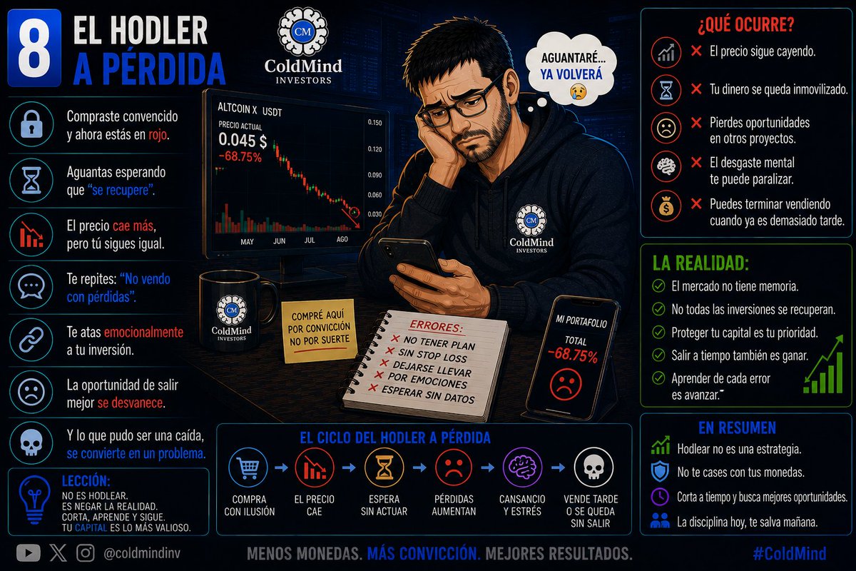 coldmindinv's tweet photo. El hodler a pérdida.

“No vendo con pérdidas” no es una estrategia.

No todas las inversiones se recuperan y el mercado no recuerda tu precio de entrada. Si la tesis ha dejado de ser válida, proteger el capital también es ganar. https://t.co/w5W2IZ8eWE