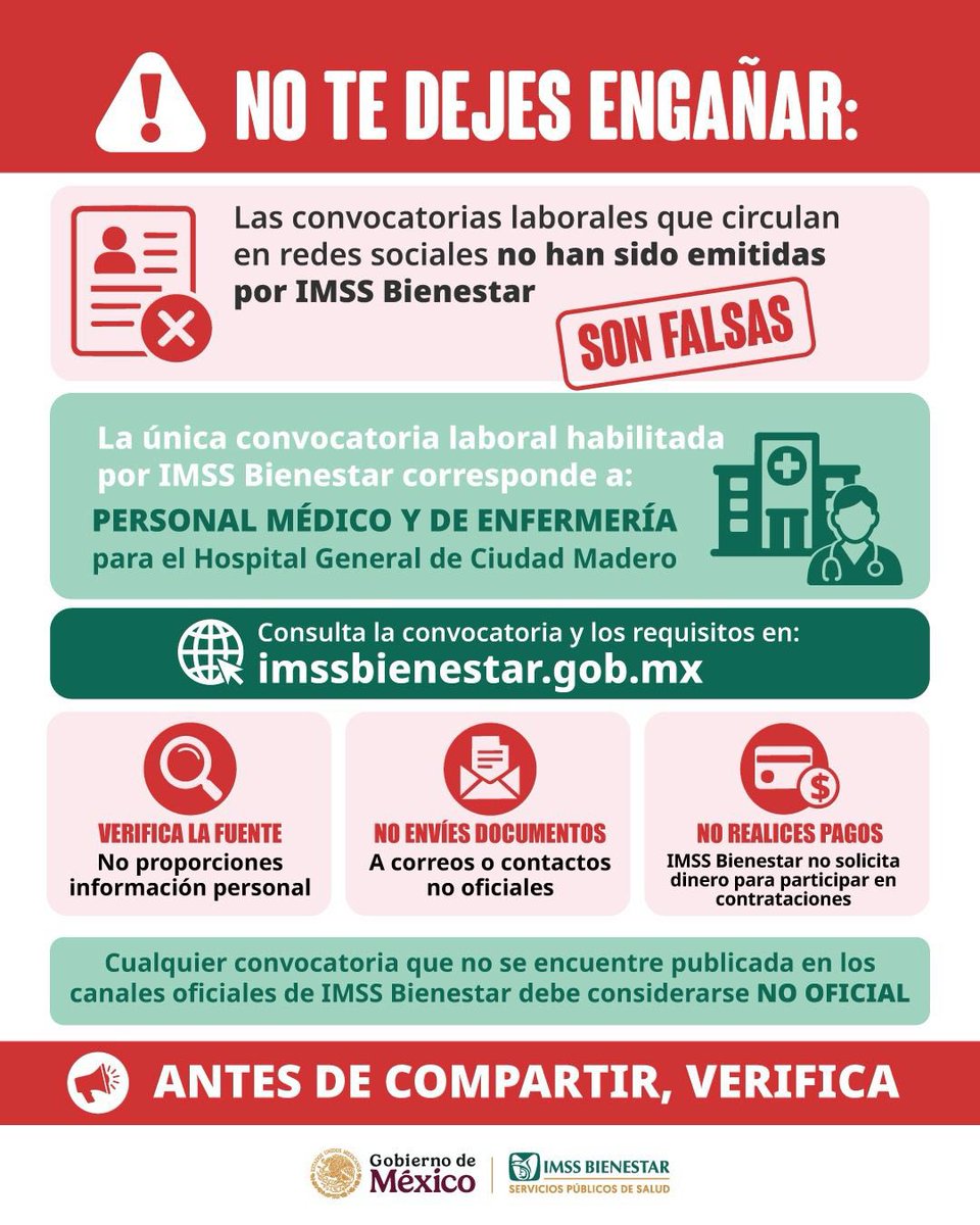 IMSSBCampeche's tweet photo. En relación a presuntas convocatorias laborales por parte de nuestra institución, #IMSSBienestarInforma: https://t.co/QelDBzXg6i