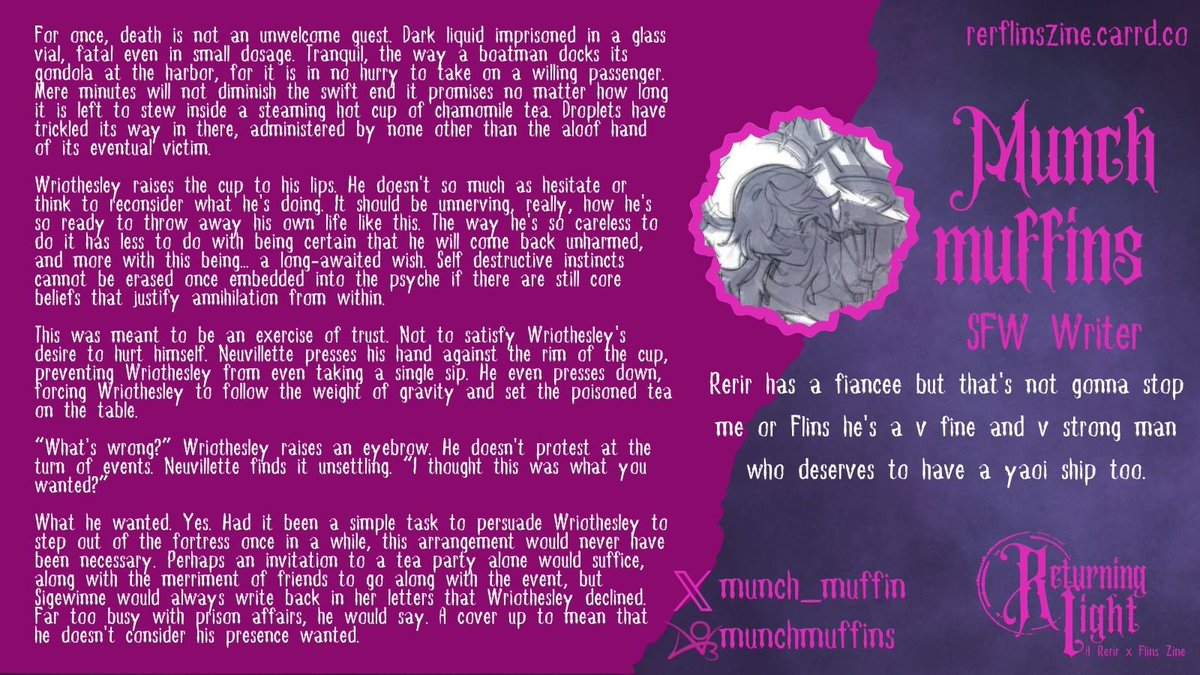 ReturningLight_'s tweet photo. ♰ 𝐂𝐨𝐧𝐭𝐫𝐢𝐛𝐮𝐭𝐨𝐫 𝐒𝐩𝐨𝐭𝐥𝐢𝐠𝐡𝐭♰

♰ @munch_muffin will be contributing as a SFW Writer! Wonder what they have in store for us~

♰ #rerflins #gravesin #flinsrer https://t.co/mHucIeMeqt