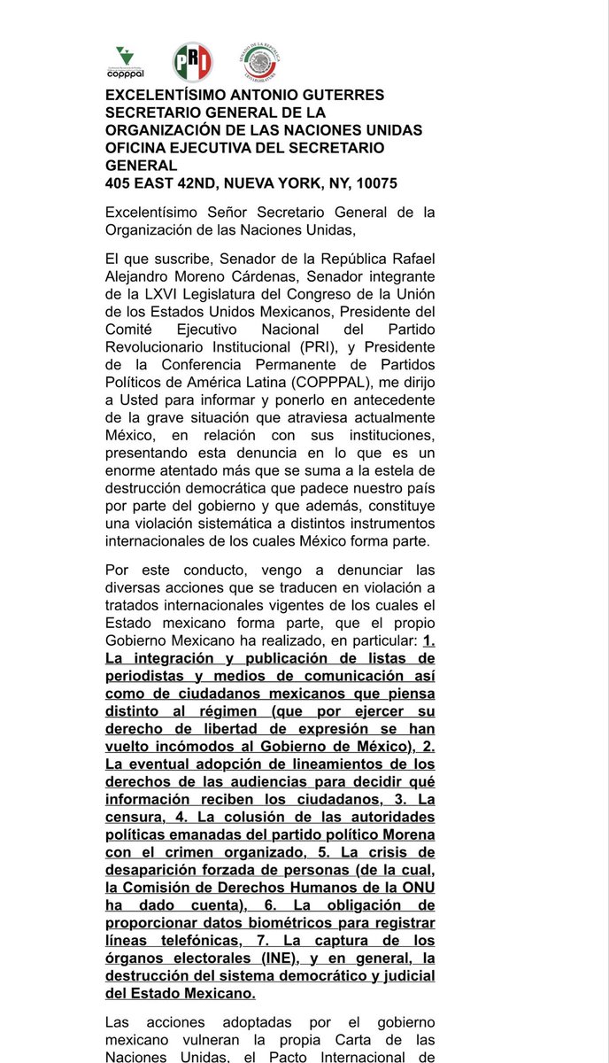 delatorremorin's tweet photo. Las denuncias que realizó @alitomorenoc en la ONU 🇺🇳, contra el gobierno de México por incumplir compromisos internacionales establecidos en la Carta de la ONU, el Pacto Internacional de Derechos Civiles y Políticos y la Convención de Palermo.
La denuncias: 
1. La elaboración de listas de periodistas, medios y ciudadanos críticos al régimen, desde el propio Gobierno.
2. Los intentos por decidir qué información pueden recibir los mexicanos a través de los medios de comunicación.
3. La censura de voces críticas y opositoras.
4. La colusión de autoridades de MORENA con el crimen organizado.
5. La crisis de desapariciones forzadas.
6. La obligación de entregar datos biométricos para obtener líneas telefónicas.
7. La captura del INE y el debilitamiento democrático y judicial.

Las dictaduras comienzan cuando el poder no reconoce límites y terminan cuando los ciudadanos dejan de aceptar el miedo.