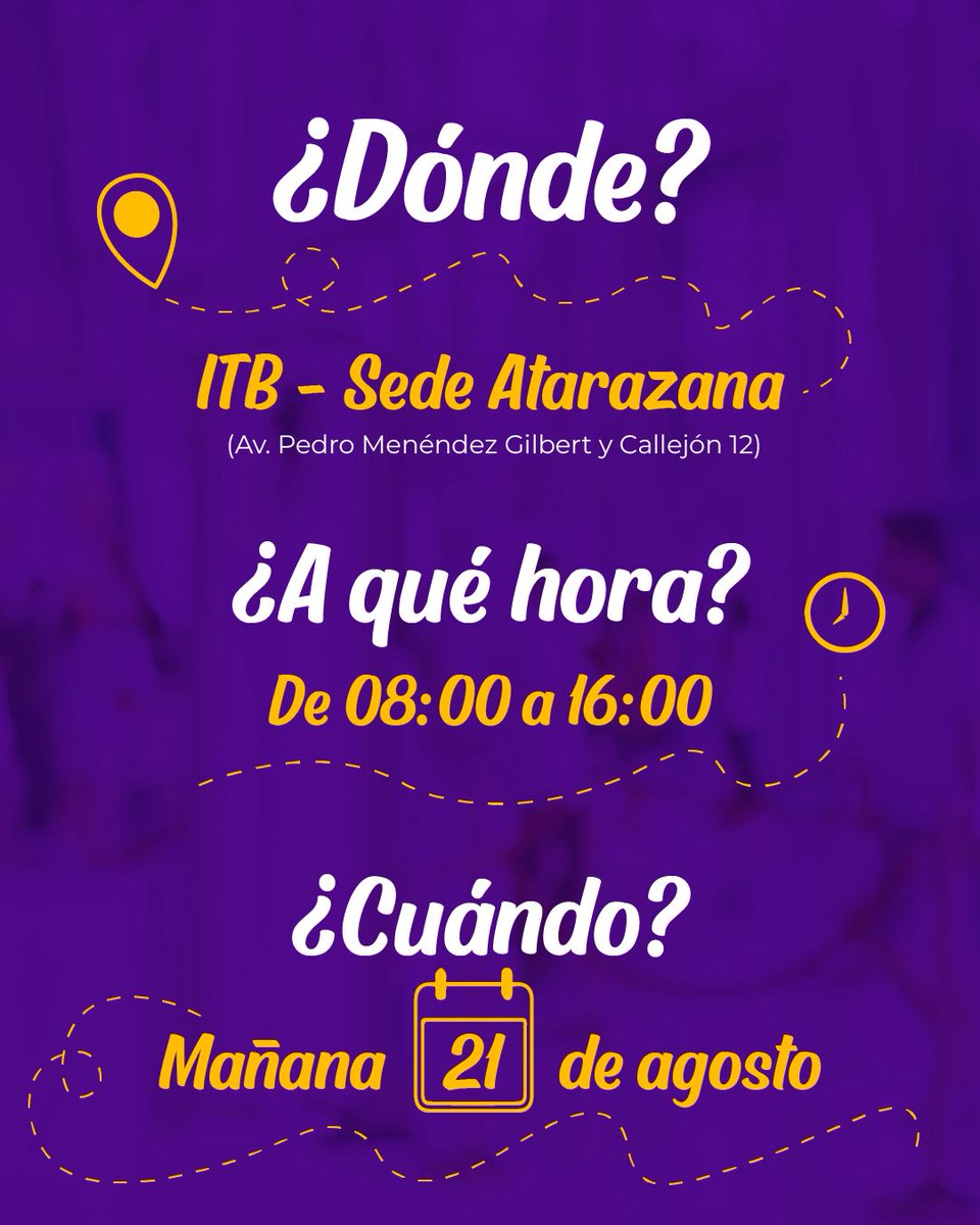 MinTrabajoEc's tweet photo. ¿Buscas trabajo? ¡Esta oportunidad es para ti!
Este 21 de agosto, Guayaquil tiene una cita con el empleo. 💼✨
📍 ITB – Sede Atarazana
🕗 08h00 a 16h00
📌 Av. Pedro Menéndez Gilbert y Callejón 12

Más de 3.000 vacantes estarán esperándote. 
Conoce todos los detalles y prepárate. https://t.co/9JZ2wufs3V
