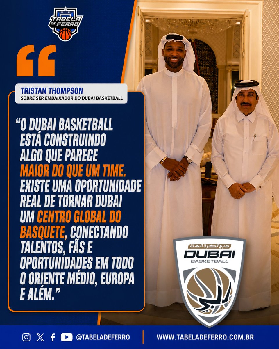 TabelaDeFerro_'s tweet photo. Tristan Thompson é o novo Embaixador Global do Dubai Basketball! 🇦🇪🏀

O campeão da NBA em 2016 chega para impulsionar a expansão internacional do clube e transformar Dubai em um polo do basquete mundial.

Confira os detalhes na imagem! 👇 https://t.co/VJapez7JDD