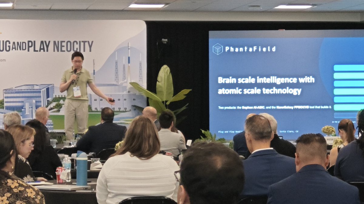 phantafield's tweet photo. Invited by @PlugandPlayTC , we debut our AI chip that disrupts Nvidia by being engineered from the atom up. 174x energy efficiency, 100x bandwidth, 48x inference throughput, 1/10th the cost, and space-grade radiation tolerance—aiming to become the next trillion-dollar company by advancing humanity through atomic-scale technology.
