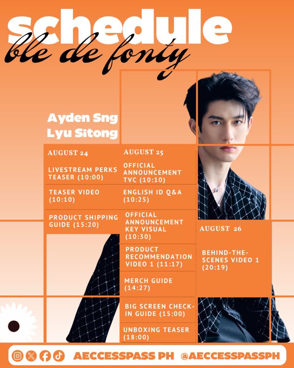 aeccesspassph's tweet photo. Ayden Sng × BLÉ DE FONTY (枫缇)
Roll - out Announcement Schedule

➡️ : BLÉ DE FONTY  Brand Ambassador

📍OFFICIAL ACCOUNT PLATFORMS DIRECTORY:

— WEIBO: BLÉ DE FONTY枫缇官方旗舰店 Flagship Store
🔗 https://t.co/OGdo0l75Nw
— Xiaohongshu (RED): Ble de Fonty枫缇
🔗https://t.co/0wSlNp4Bbo
— DOUYIN: Ble de Fonty枫缇官方旗舰店  Official Flagship Store
🔗 https://t.co/MTm7Q58Yk6 
— INSTAGRAM: BLÉ DE FONTY
🔗https://t.co/Fs08MCWjEI…
— TIKTOK: Bledefonty Skincare —
🔗https://t.co/MM5SjOHvHz
— FACEBOOK: Ble de Fonty
🔗https://t.co/bt08wQnymn…

📍 WeChat Channels (视频号): 枫缇
— KUAISHOU: Ble de Fonty Flagship Store
 🔗 https://t.co/xiyfSzFSwK…
— BILIBILI: Ble de Fonty 枫缇
🔗https://t.co/Mmq9cEuWgw

#aylio | #政瞳 
#aydensng | #孙政