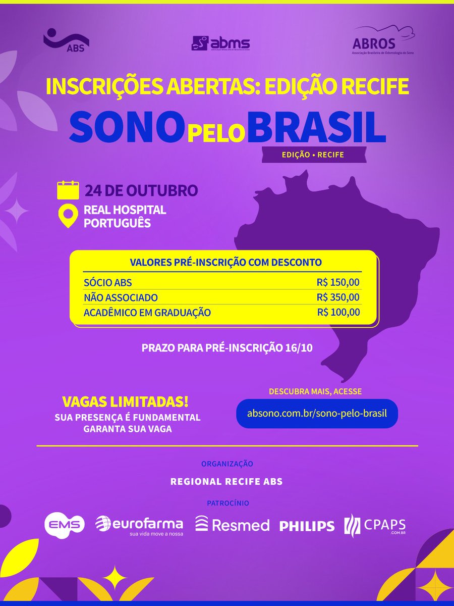 absono_'s tweet photo. 📍 Inscrições abertas para o Sono Pelo Brasil - Edição Recife!

Marque na agenda: nosso encontro será no dia 24 de outubro, no Real Hospital Português, em Recife/PE.

🔗 Saiba mais e garanta a sua vaga em: https://t.co/LG6L6fQHQk 

#sonopelobrasil https://t.co/hHZFAF9PWh