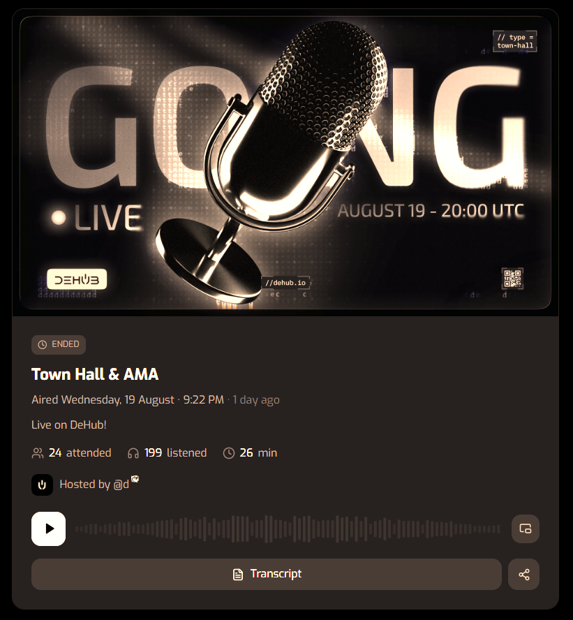 dehub_official's tweet photo. From daily Telegram group calls in 2021, to our full feature platform today.

If you missed it, listen over the recording below or click the transcript button to read over in 100 languages.

Thanks to everyone who tuned in so far! https://t.co/CtqVbbDeEk