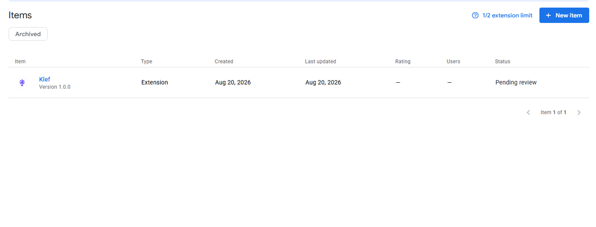 getKlef's tweet photo. Submitted. Klef Extension is with Chrome for review.

We said we'd show you the moment it was filed, so here it is.
 
Review takes as long as it takes — that part isn't ours. Until then it's live in the Integrations tab on https://t.co/nJzxZXj4Ql https://t.co/mlKlRzbMsX