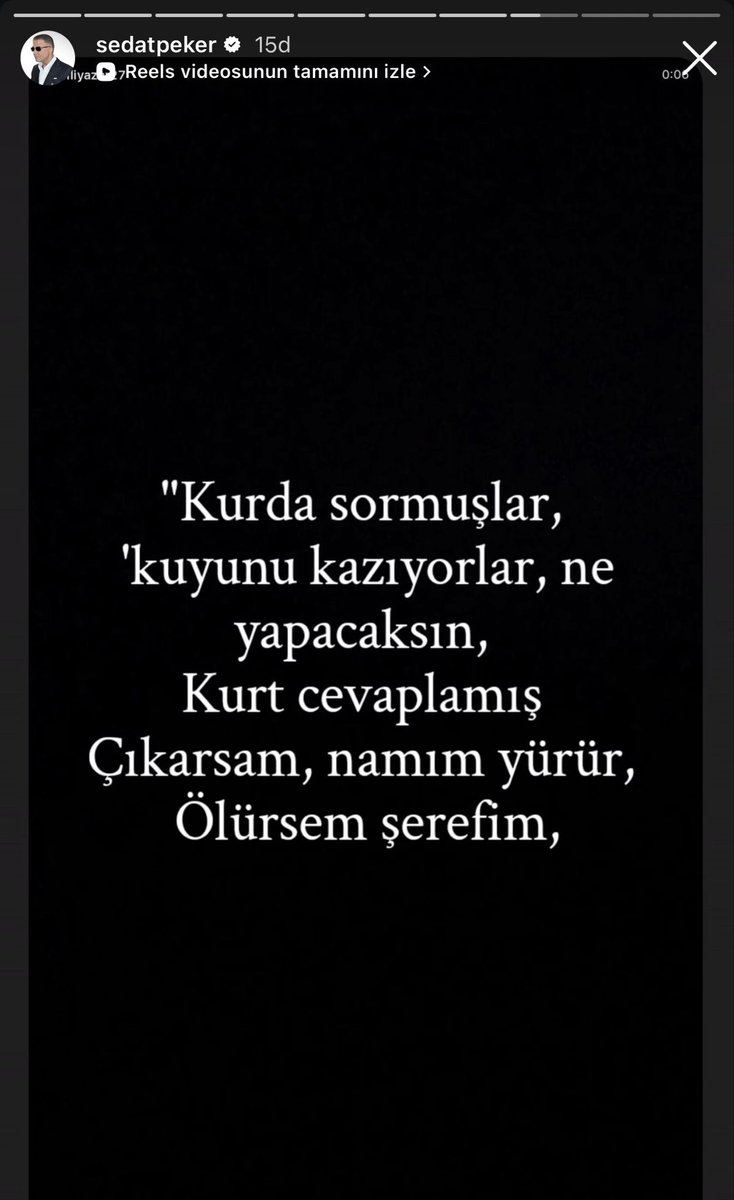 memleketyoutube's tweet photo. Sayın Reis Sedat PEKER’in Instagram paylaşımı:

Kurda sormuşlar:

“Kuyunu kazıyorlar, ne yapacaksın?”

Kurt cevaplamış:

“Çıkarsam namım yürür, ölürsem şerefim.” https://t.co/ifQ1hOo4O4