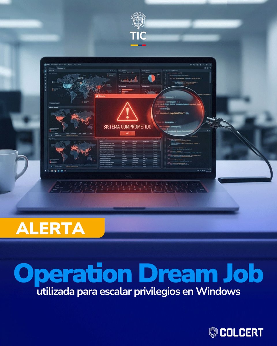 colCERT's tweet photo. 📢El #ColCERT emite una nueva #AlertaDeSeguridad sobre Operation Dream Job, una campaña que incorpora la explotación de la vulnerabilidad CVE-2026-68820 en Windows.
👉Consulta la alerta y fortalece las medidas de prevención:
https://t.co/zbvp3J8Ni7 https://t.co/eOB56r4FdR