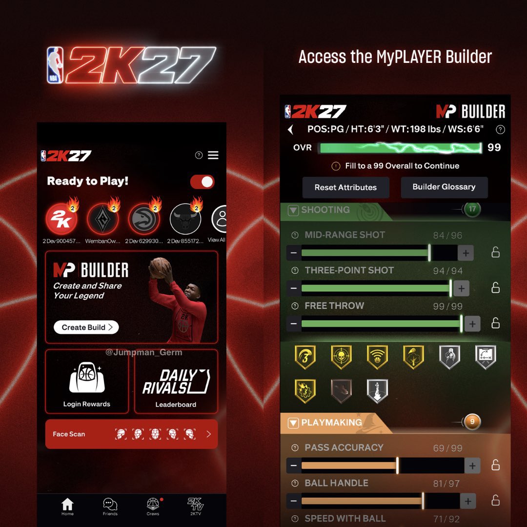 2KIntel's tweet photo. NBA 2K27’s MyPLAYER Builder will be available TOMORROW on the 2K HQ app 👀📱

You can start creating builds before the game even drops. https://t.co/3JXBS1hh2T