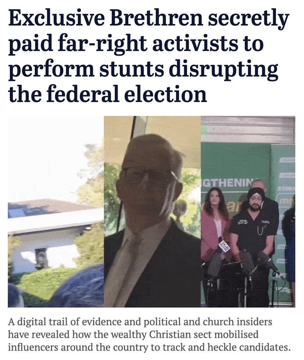 aaronsmith's tweet photo. Fucking extraordinary:

The Exclusive Brethren campaigned extensively to help elect the Liberals and allegedly funded far-right agitators, including some linked to neo-Nazis, to track, heckle, ambush and disrupt Labor, Greens and Independent candidates.

1/3 https://t.co/yqPSTxKKTH