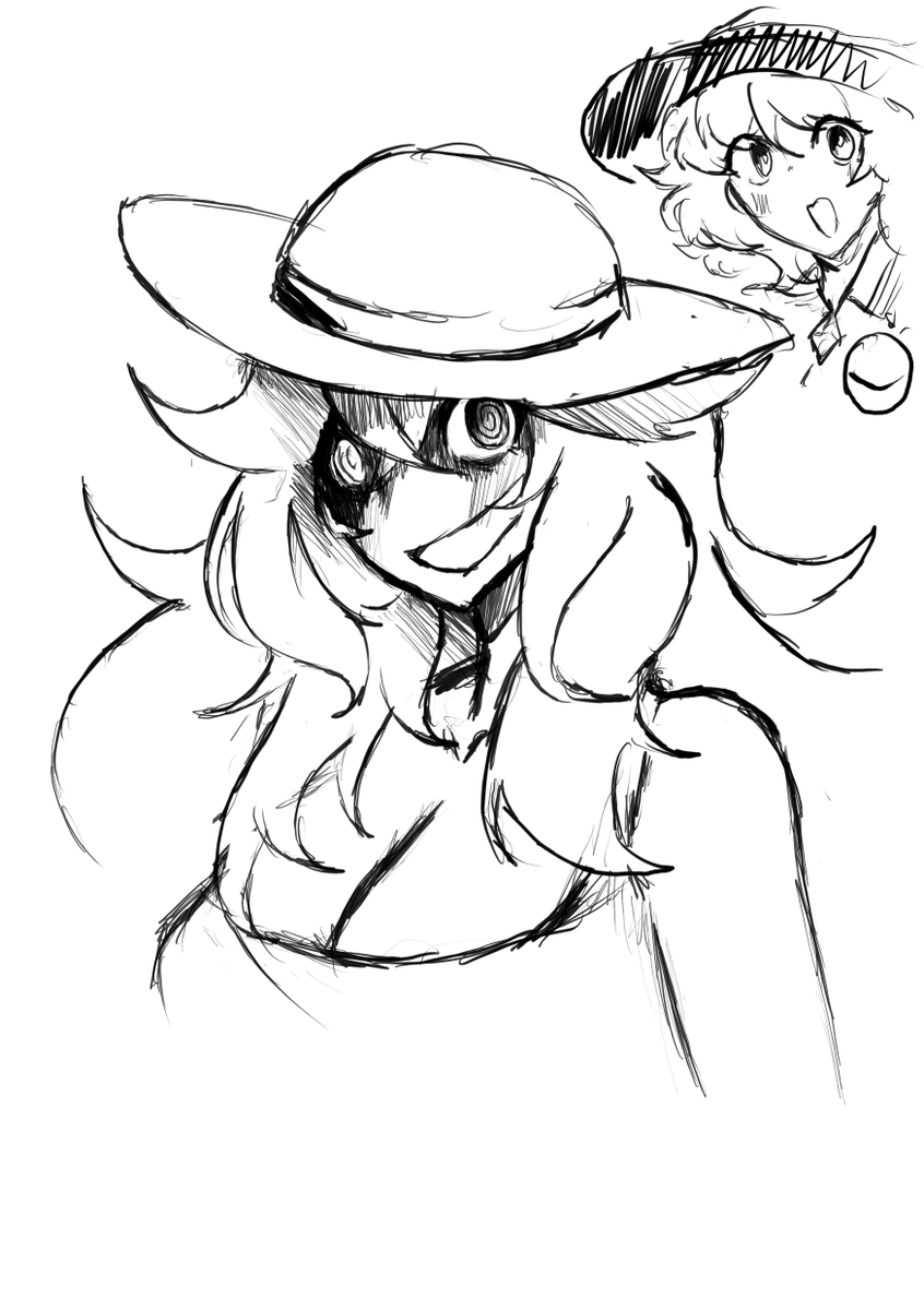 Chromadeius_'s tweet photo. Just some doodles since it is super late.

I like to imagine #Hexmaniac being rather tall...so I kinda just threw her into Hachishaku-sama's fit. And no, that's not Koishi Komeiji, it's just Hexmaniac in a silly hat. https://t.co/W0aTmheruq