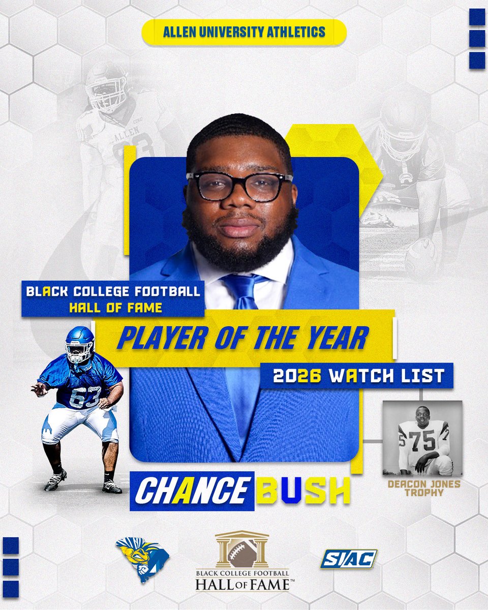auyellowjackets's tweet photo. The work doesn’t go unnoticed. 📈

Chance Bush has officially been named to the 2026 Black College Football Player of the Year Watch List. 🐝🔵🟡

#YellowJackets | #Defendthehive | #BlackcollegeHallofFame https://t.co/ZjoXwoJi20