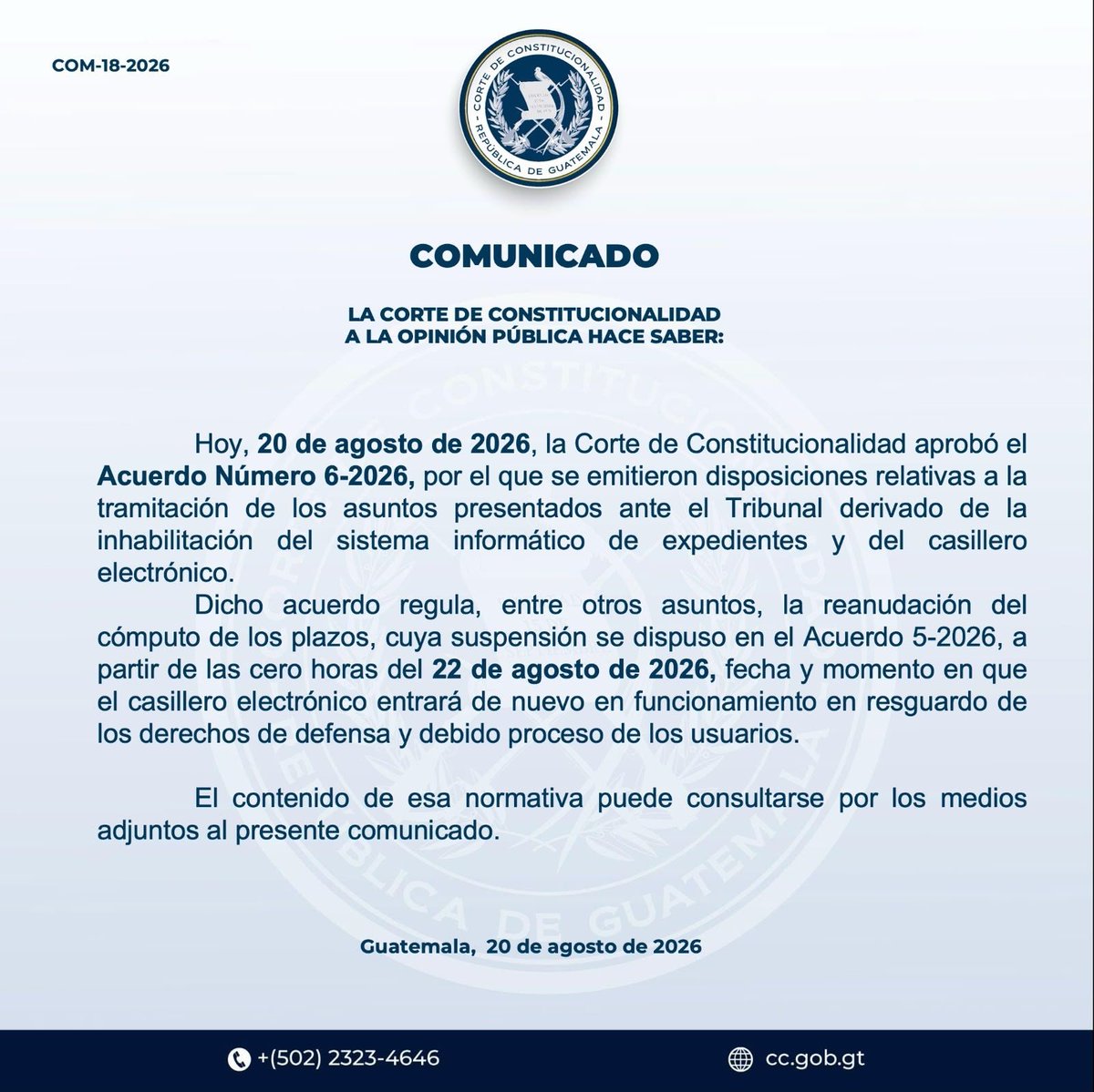 CC_Guatemala's tweet photo. La Corte de Constitucionalidad, a la opinión pública hace saber:

En el siguiente enlace puede consultar: 

https://t.co/Vx0JHN5bug https://t.co/rURRatMrWg