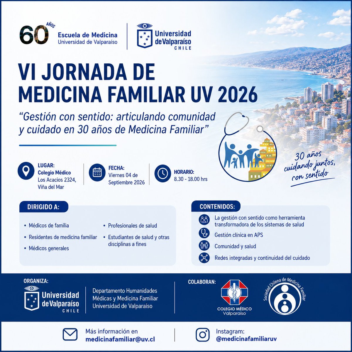 medfamiliar's tweet photo. VI Jornada de Medicina Familiar UV 2026
Invita el Programa de Medicina Familiar UV, actividad es gratuita.
Inscripciones en: https://t.co/EXtheIJ0n2
Vi 4 de septiembre 2026
8:30 a 18:00 hrs
Colegio Médico Valparaíso, Los Acacios 2324, Viña del Mar https://t.co/E7r0ZdUrQ6